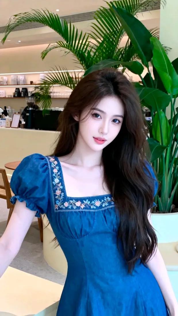 气质美女手机壁纸｜室内休闲背景图片 - 蓝色连衣裙「哲风壁纸」