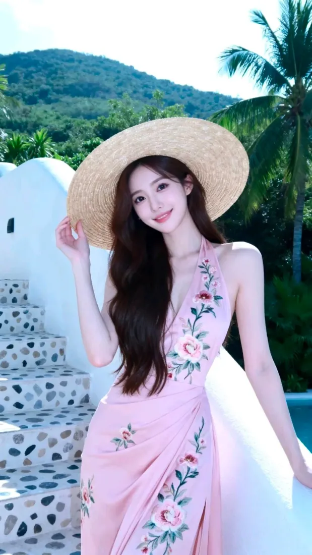 长发美女手机壁纸｜度假户外背景图片 - 粉色长裙「哲风壁纸」