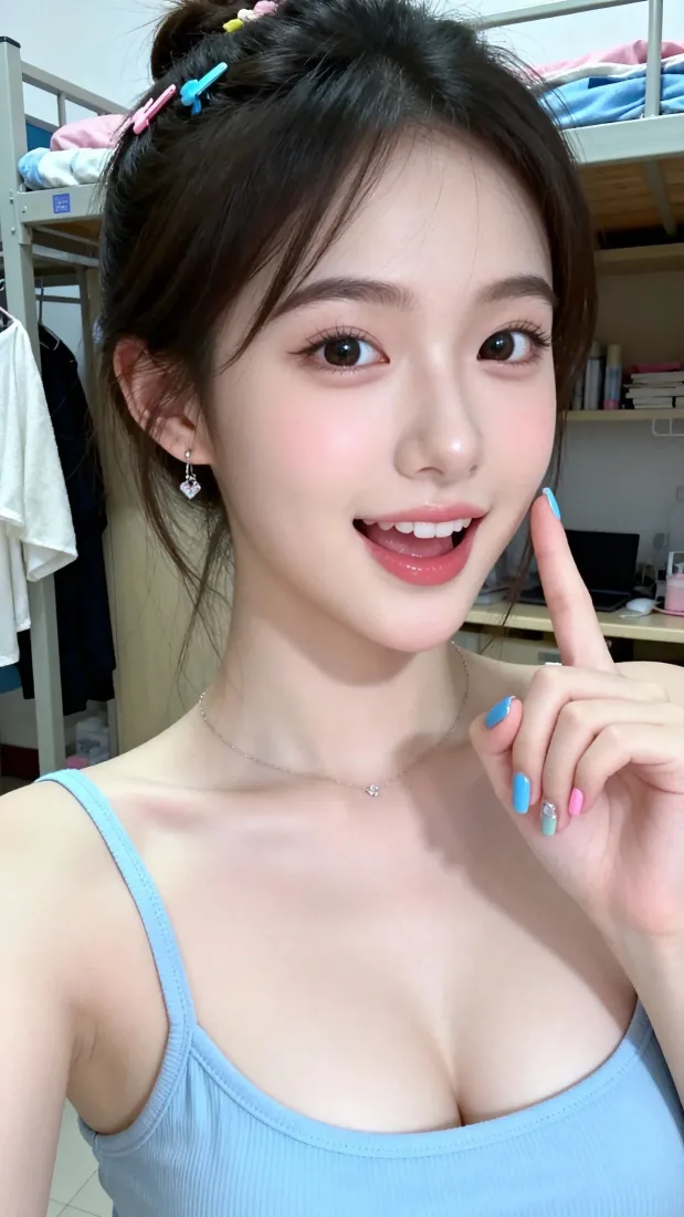 清纯美女手机壁纸｜蓝色吊带背景图片 - 宿舍自拍「哲风壁纸」