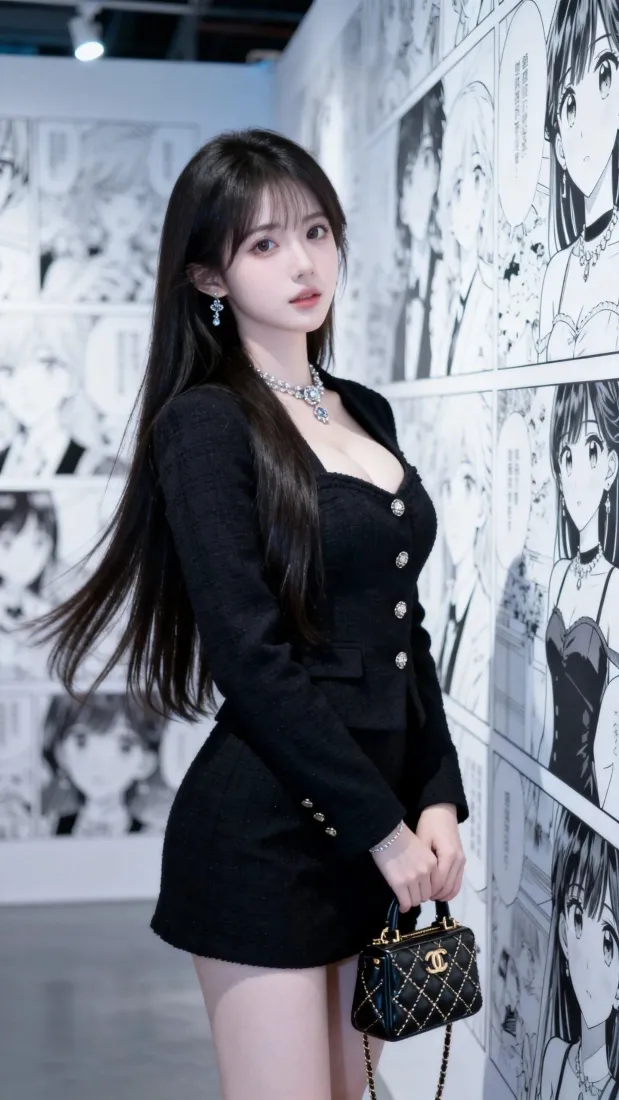 纯欲美女手机壁纸｜艺术馆背景图片 - 黑裙穿搭「哲风壁纸」