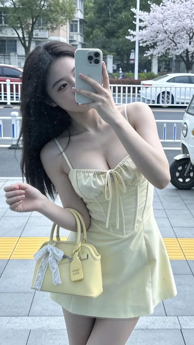 美女手机壁纸｜街头背景图片 - 浅黄色吊带裙「哲风壁纸」