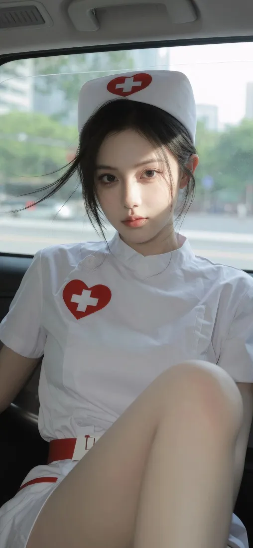 护士装美女手机壁纸｜车内街景背景图片 - 气质人像「哲风壁纸」
