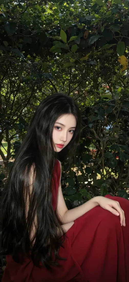 红衣美女手机壁纸｜户外绿植背景图片 - iOS「哲风壁纸」