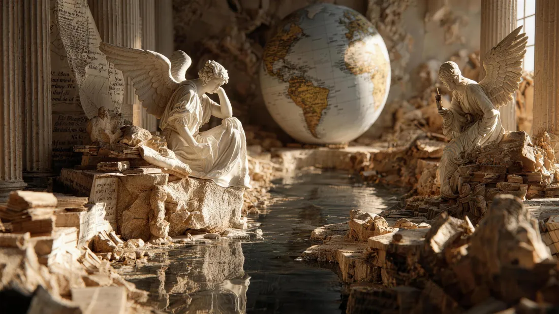 4k天使雕塑壁纸｜复古艺术背景图片 - 废墟地球仪「哲风壁纸」