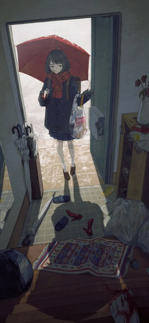 错位创意手机壁纸｜错觉背景图片 - 红伞女孩「哲风壁纸」