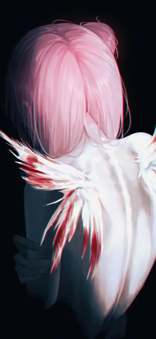 粉发少女手机壁纸｜破碎血色翅膀背景图片 - 暗黑二次元「哲风壁纸」