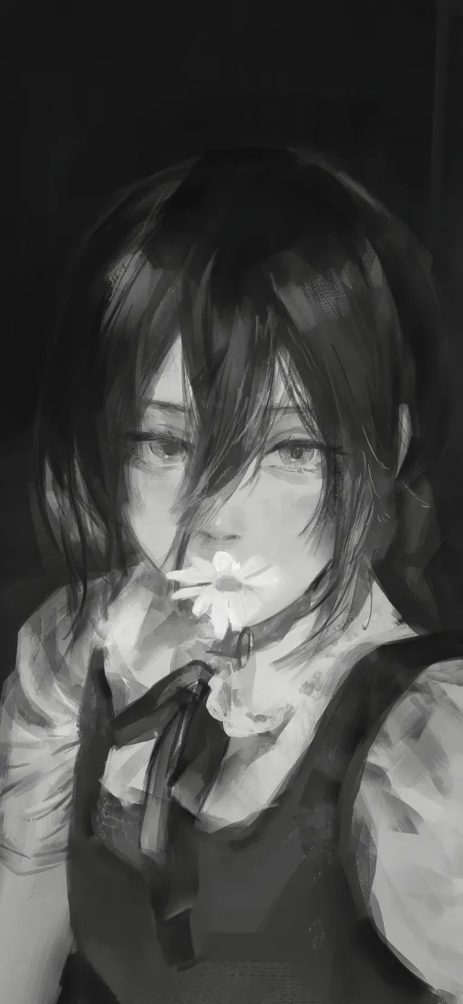 少女衔花手机壁纸｜黑白水彩背景图片 - 二次元少女「哲风壁纸」