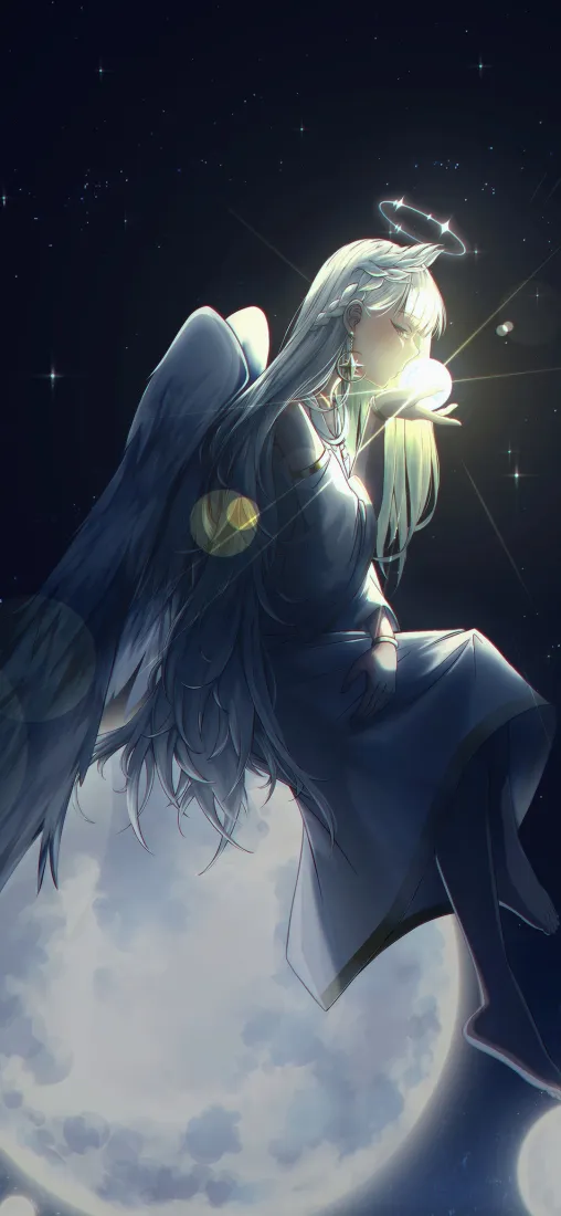 光环少女手机壁纸｜深色星空背景图片 - 银发翅膀「哲风壁纸」