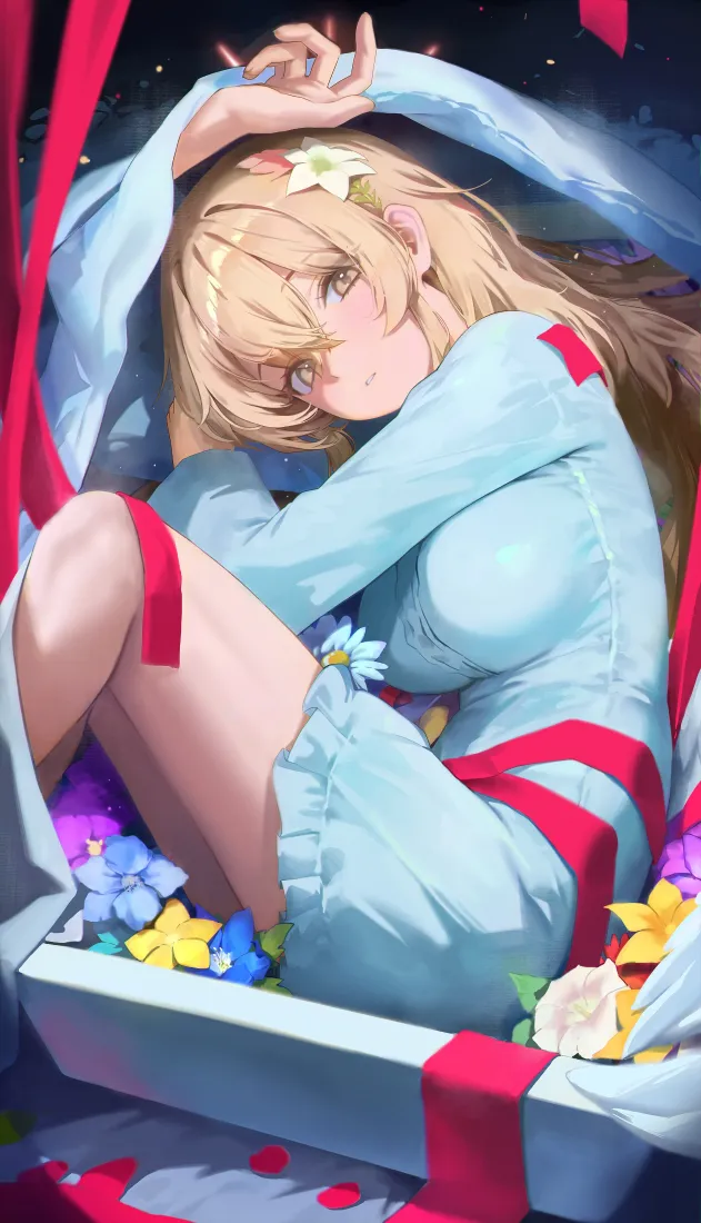 金发少女手机壁纸｜鲜花礼盒背景图片 - 二次元插画「哲风壁纸」