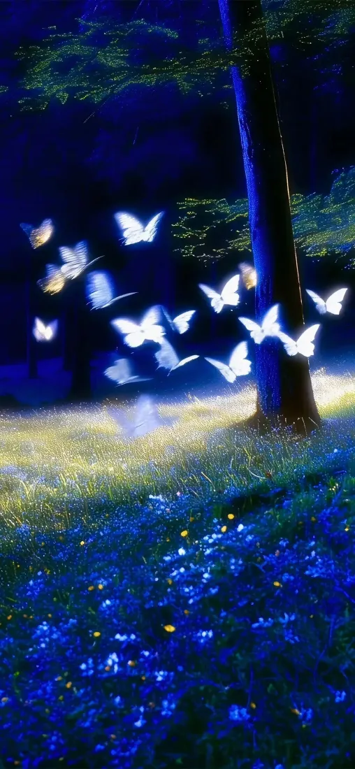 发光白蝴蝶手机壁纸｜夜晚森林背景图片 - 梦幻夜景「哲风壁纸」