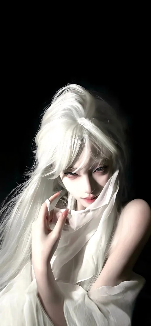 白发美女手机壁纸｜纯黑背景图片 - 氛围感cos「哲风壁纸」