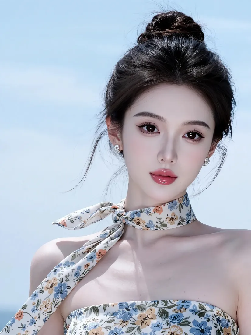 丸子头美女手机壁纸｜清新蓝天背景图片 - 碎花裙「哲风壁纸」