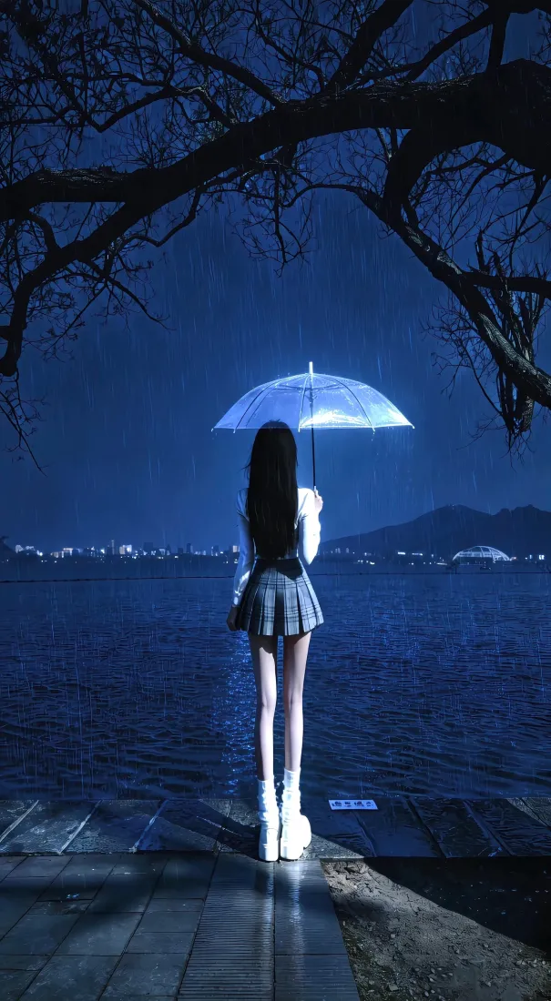撑伞少女手机壁纸｜蓝调夜景背景图片 - 氛围感「哲风壁纸」