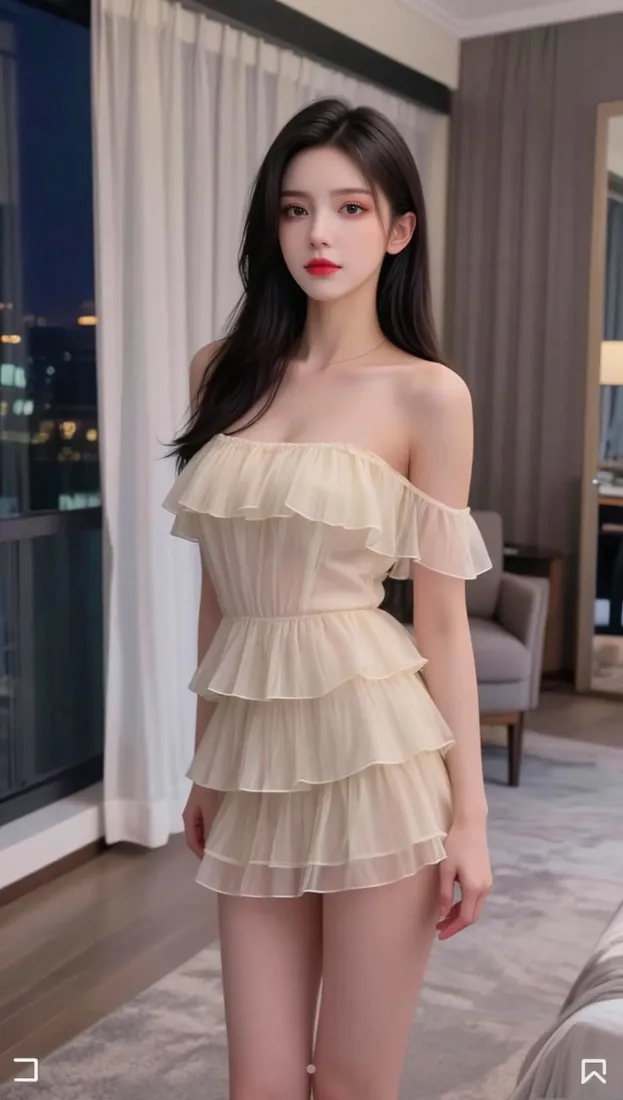 气质美女手机壁纸｜室内背景图片 - 裸色蛋糕裙「哲风壁纸」