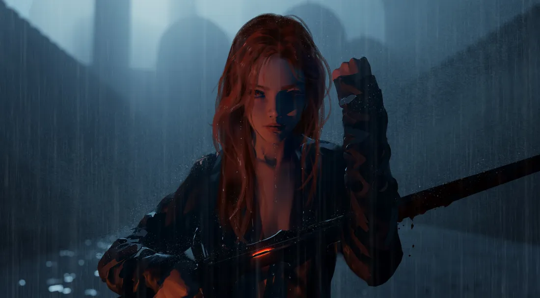 6k鬼刀红发女剑士壁纸｜雨夜雾都背景图片 - WLOP「哲风壁纸」