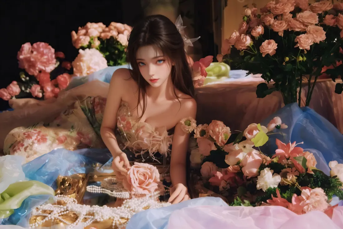 5k性感长发美女壁纸｜鲜花背景图片 - 蕾丝礼服「哲风壁纸」