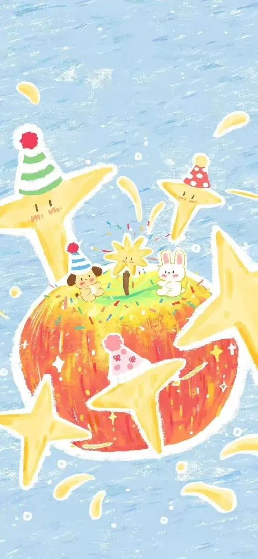 苹果四芒星手机壁纸｜治愈卡通背景图片 - 童趣派对「哲风壁纸」