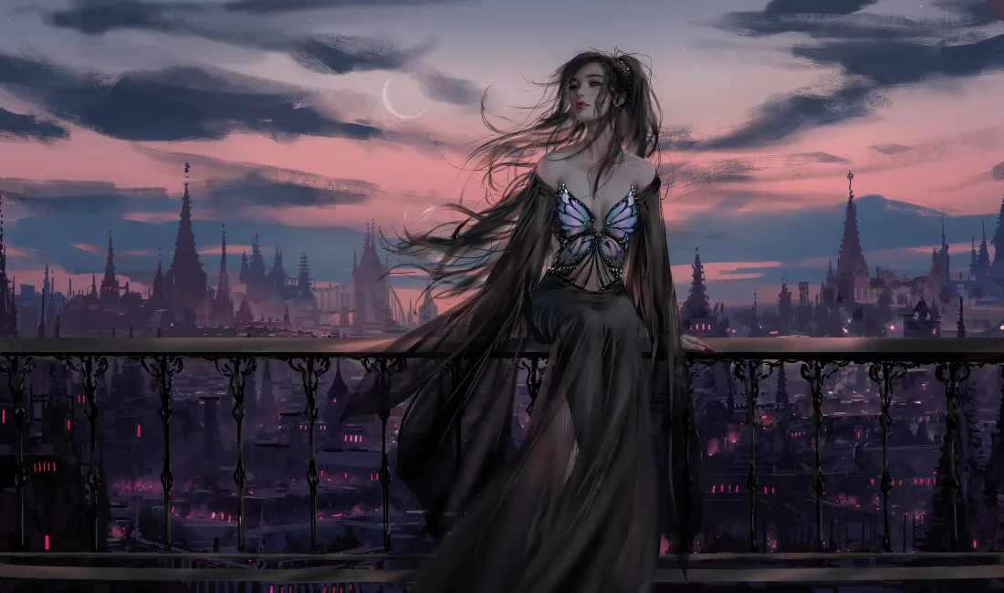 4k黑色纱裙壁纸｜古堡黄昏背景图片 - 氛围感少女「哲风壁纸」