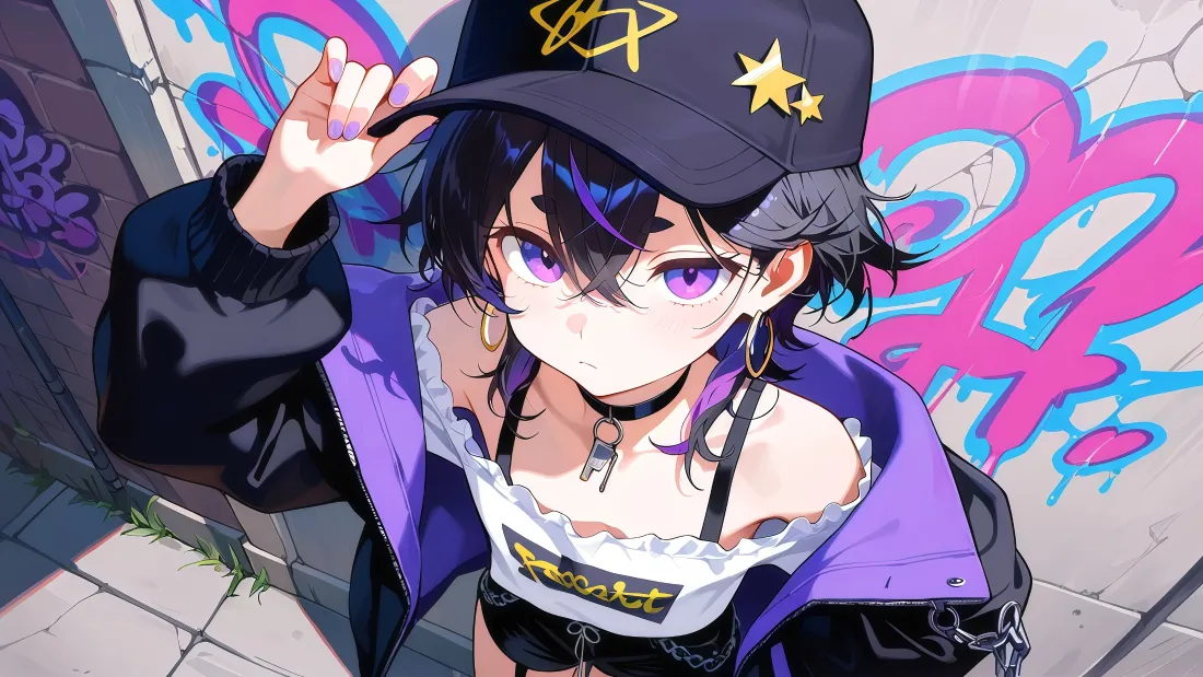 3k紫发少女壁纸｜涂鸦街头背景图片 - 潮流二次元「哲风壁纸」