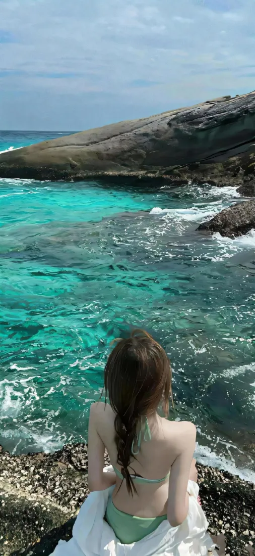 海边女生背影手机壁纸｜清澈湖水背景图片 - 海岸礁石「哲风壁纸」