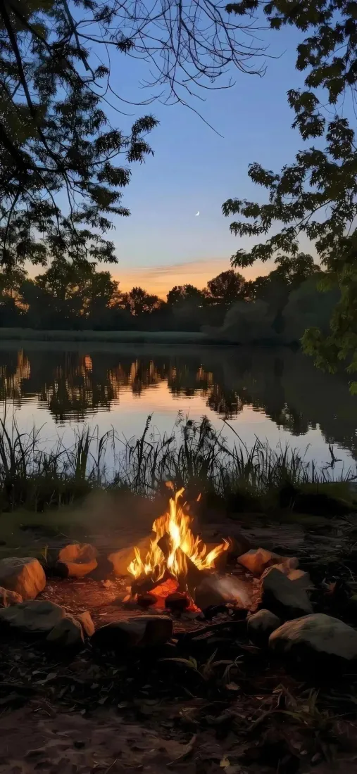 湖边篝火手机壁纸｜自然风景背景图片 - 黄昏露营「哲风壁纸」