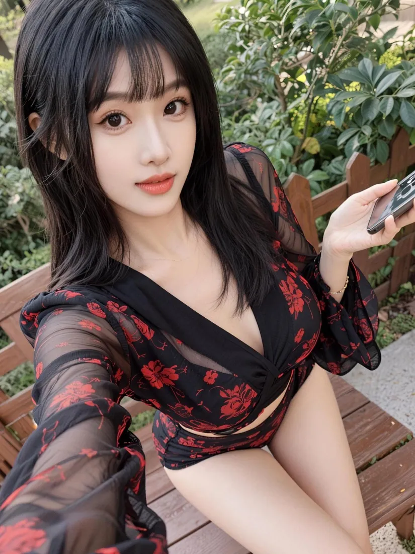 黑发美女手机壁纸｜户外背景图片 - 性感红花穿搭「哲风壁纸」