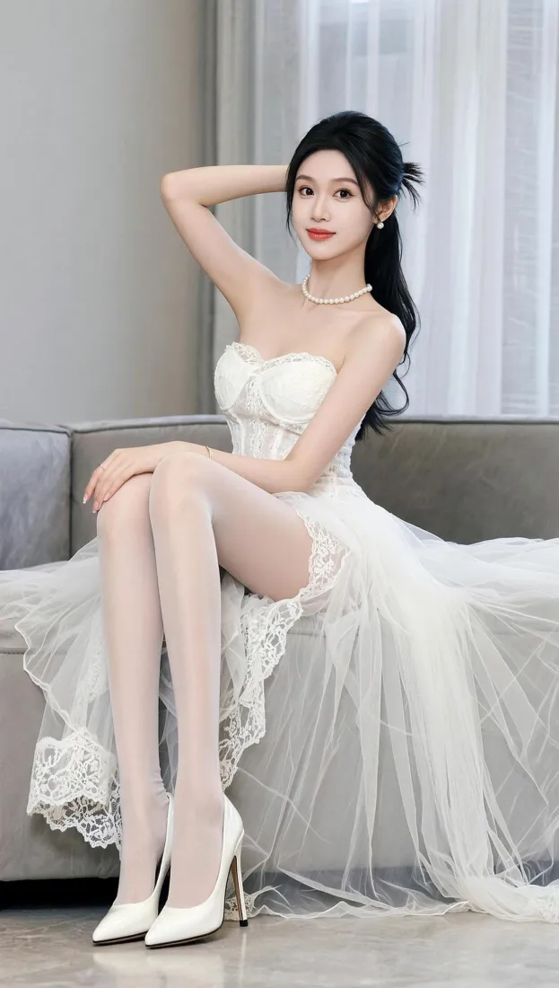 性感美女手机壁纸｜室内背景图片 - 白纱高跟「哲风壁纸」