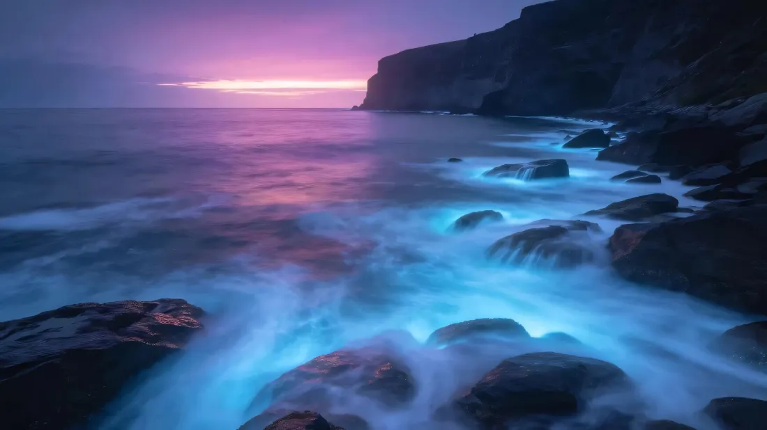 2k蓝眼泪壁纸｜海边背景图片 - 晚霞岩石「哲风壁纸」