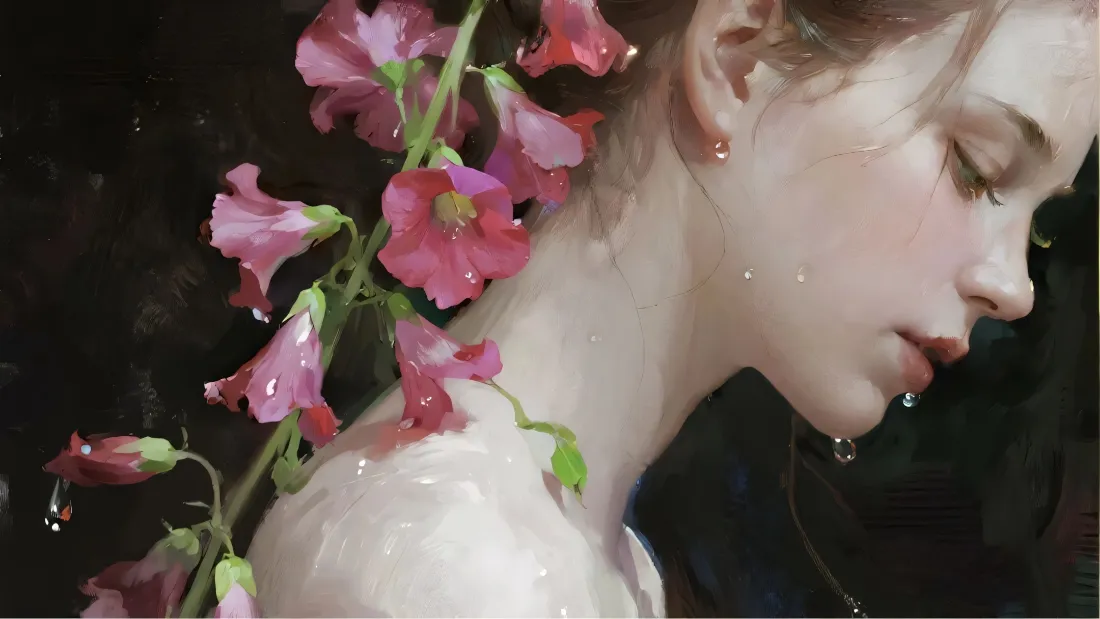 2k油画美女壁纸｜深色背景图片 - 粉色牵牛花「哲风壁纸」