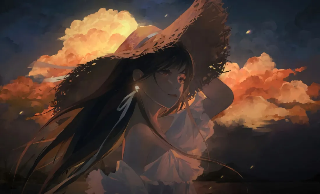 3k草帽女孩壁纸｜黄昏背景图片 - 浪漫氛围感「哲风壁纸」