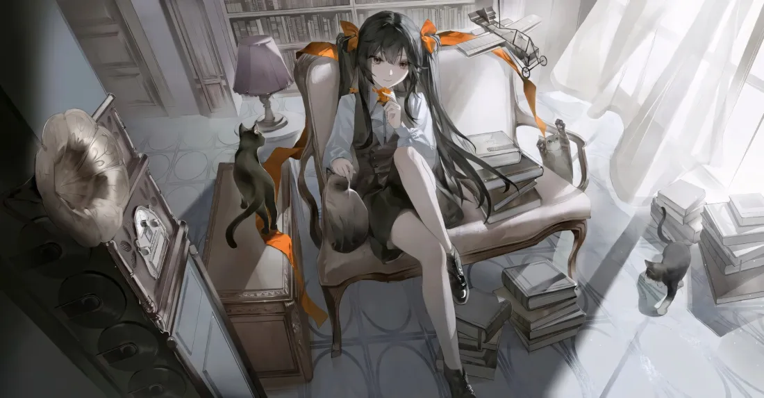 3k二次元双马尾少女壁纸｜书房背景图片 - 休闲沙发「哲风壁纸」