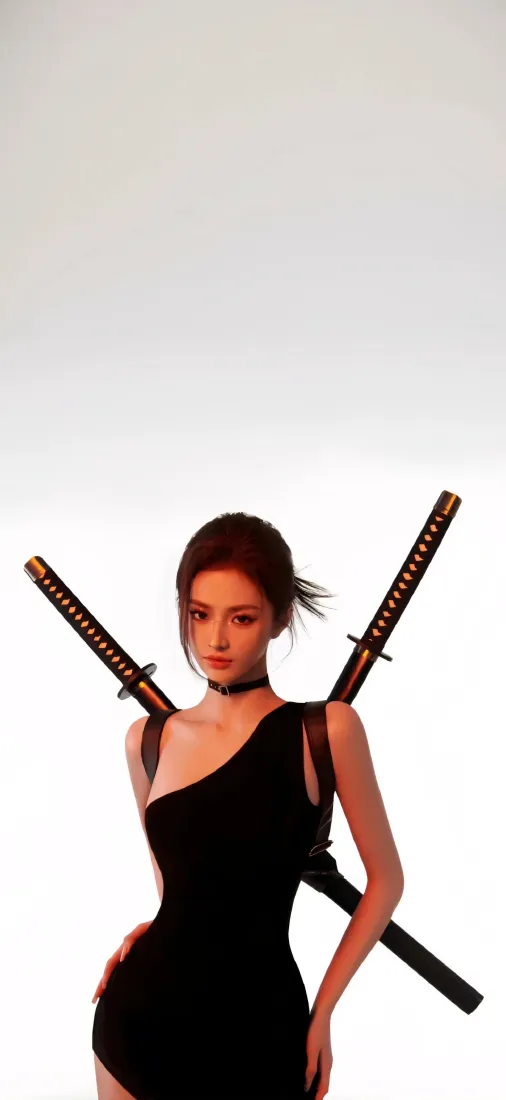 双刀御姐手机壁纸｜纯色背景图片 - 帅气迷人「哲风壁纸」