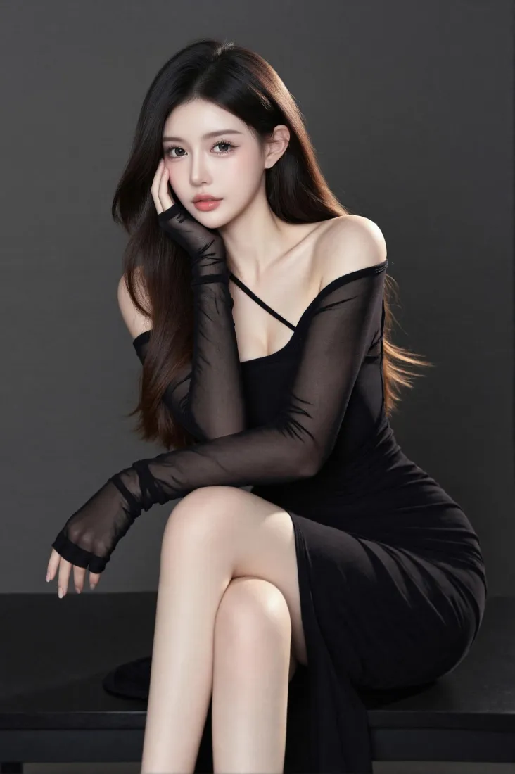 黑裙美女手机壁纸｜灰色背景图片 - 性感御姐「哲风壁纸」