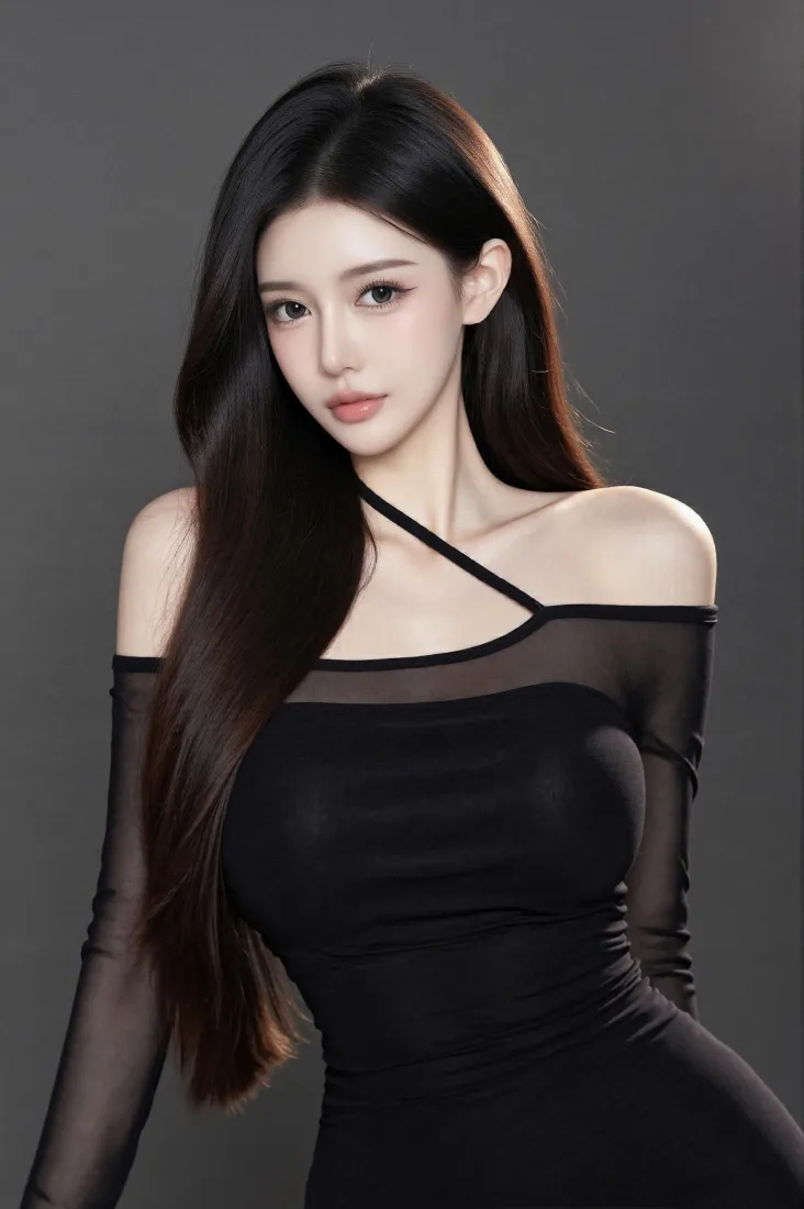 性感黑发御姐手机壁纸｜纯灰背景图片 - 黑色露肩纱裙「哲风壁纸」