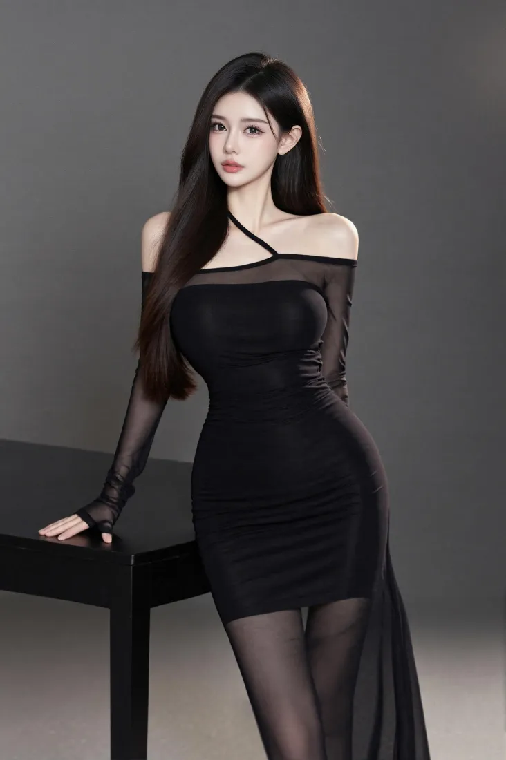 性感御姐手机壁纸｜简约灰色背景图片 - 黑裙女神「哲风壁纸」