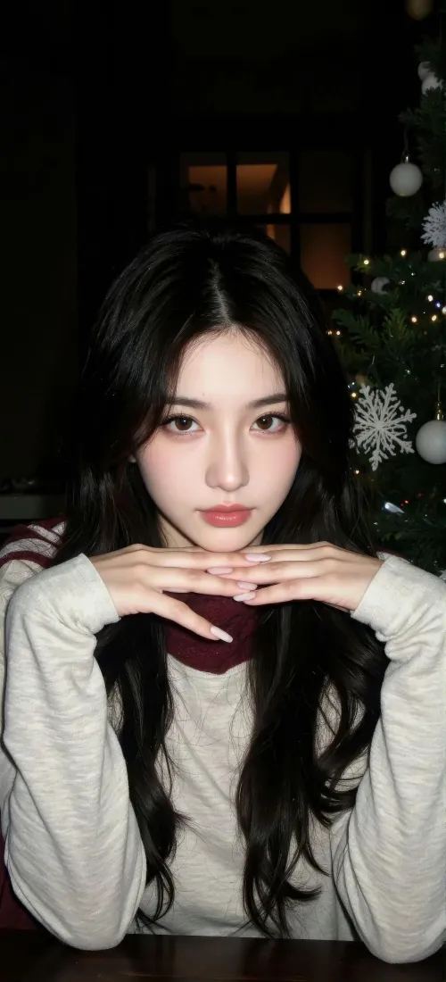 清冷长发美女手机壁纸｜圣诞氛围感背景图片 - 手机「哲风壁纸」