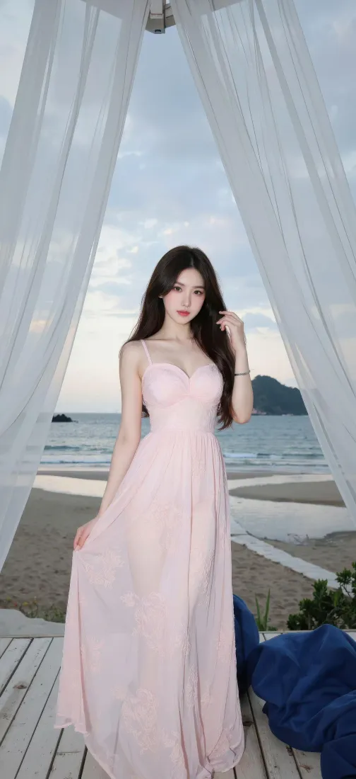 浅粉色吊带长裙美女手机壁纸｜海边背景图片 - 治愈氛围感「哲风壁纸」