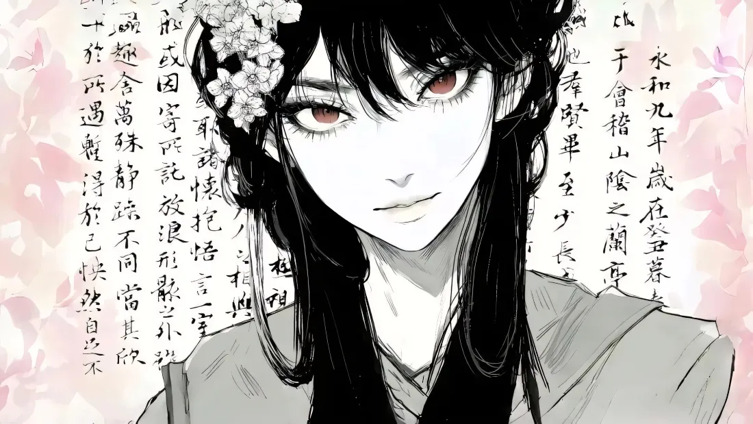 2k古风二次元壁纸｜国风书法背景图片 - 黑发红瞳少年「哲风壁纸」