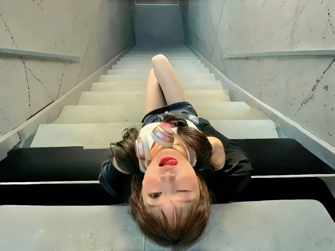 3k美女壁纸｜楼梯间背景图片 - 棕发少女「哲风壁纸」