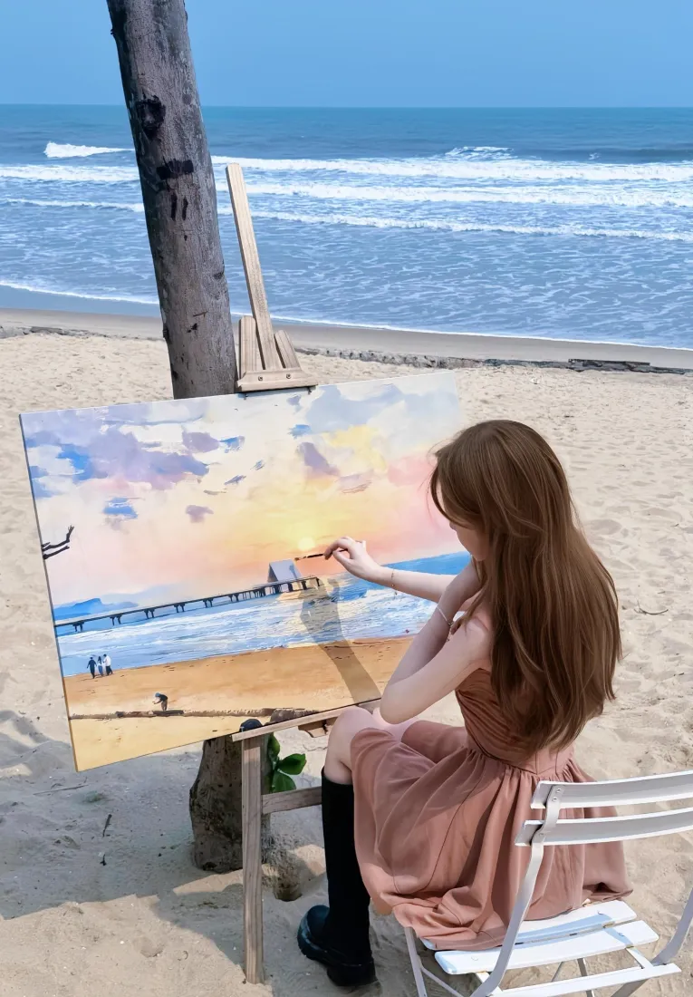 海边写生长发少女手机壁纸｜沙滩背景图片 - 文艺治愈「哲风壁纸」