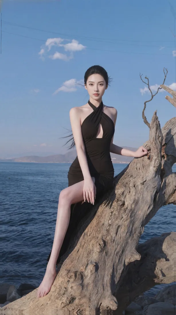 黑衣美女手机壁纸｜海边背景图片 - 气质人像「哲风壁纸」