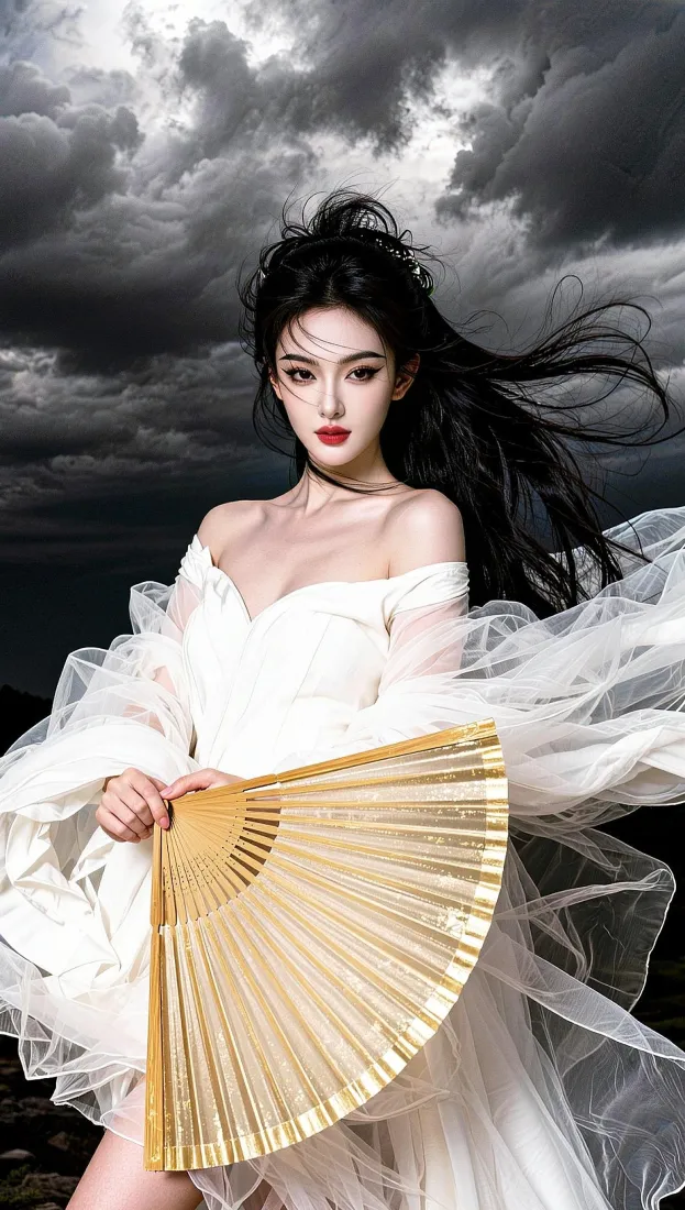 御姐美女手机壁纸｜阴天背景图片 - 竹制折扇「哲风壁纸」