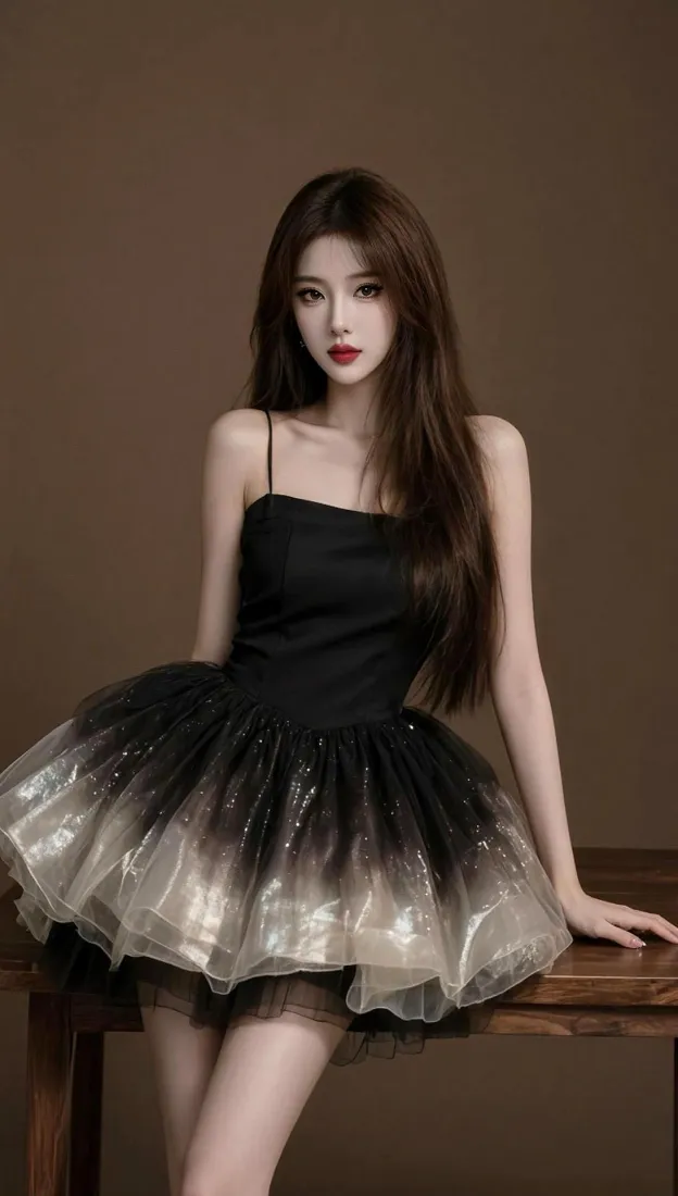 气质御姐手机壁纸｜棕色背景图片 - 渐变吊带纱裙「哲风壁纸」