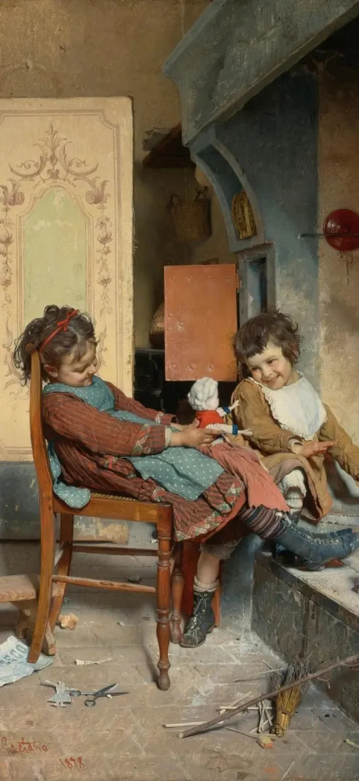 复古孩童油画手机壁纸｜室内场景背景图片 - 休闲氛围「哲风壁纸」