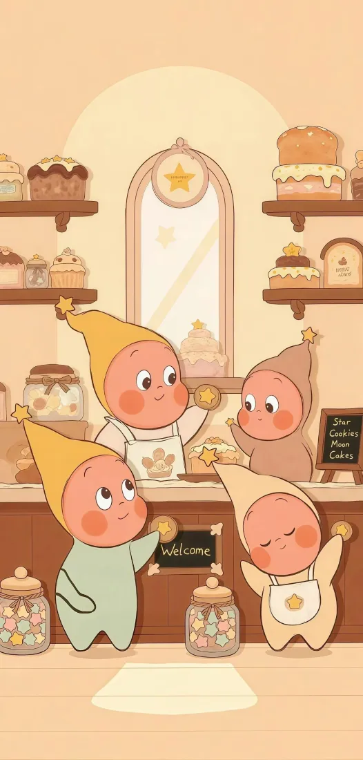 泡泡玛特星星人手机壁纸｜面包店背景图片 - 可爱插画「哲风壁纸」