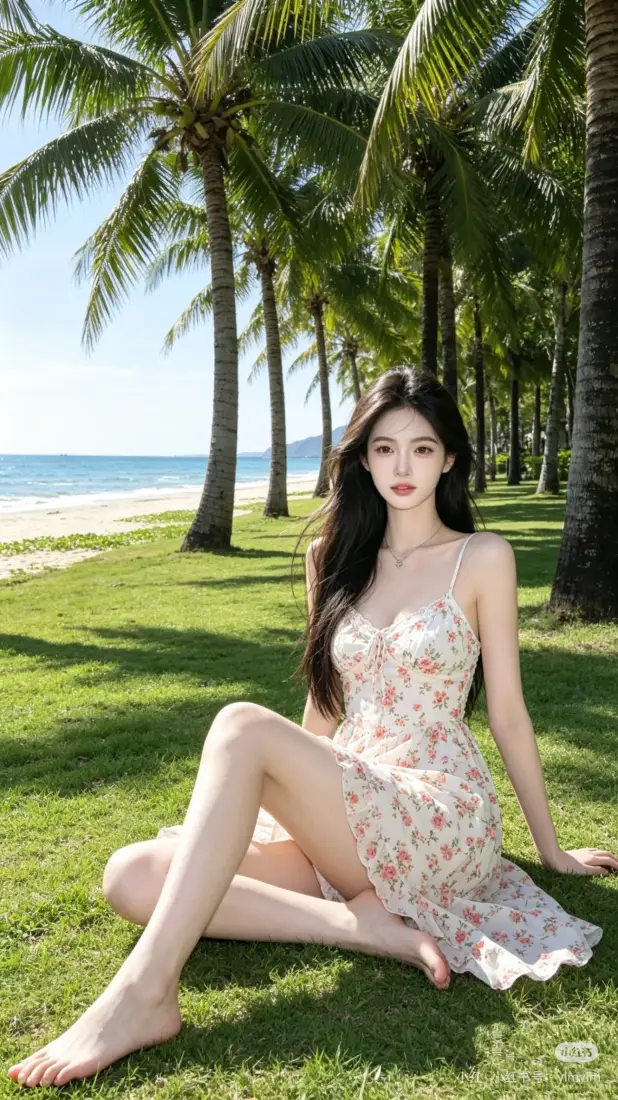 碎花吊带裙美女手机壁纸｜海边椰林背景图片 - 夏日度假「哲风壁纸」