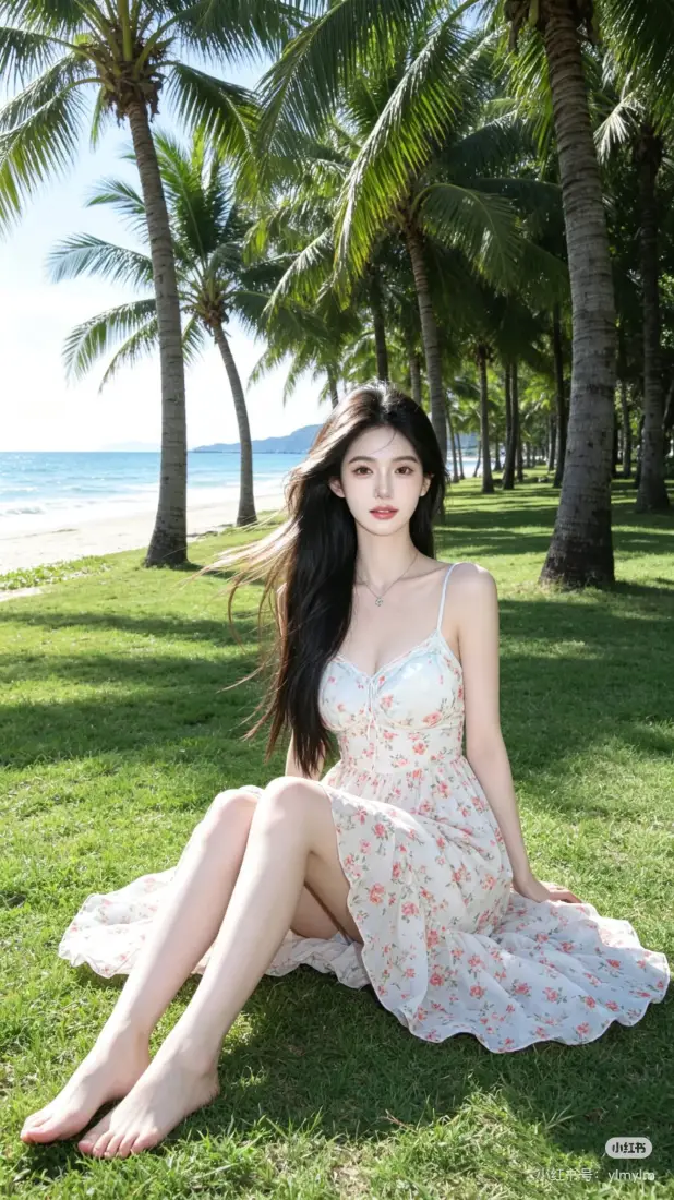 长发美女手机壁纸｜椰林海滩背景图片 - 夏日清新「哲风壁纸」