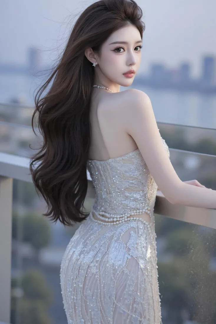 气质美女手机壁纸｜城市江景背景图片 - 闪片礼服「哲风壁纸」