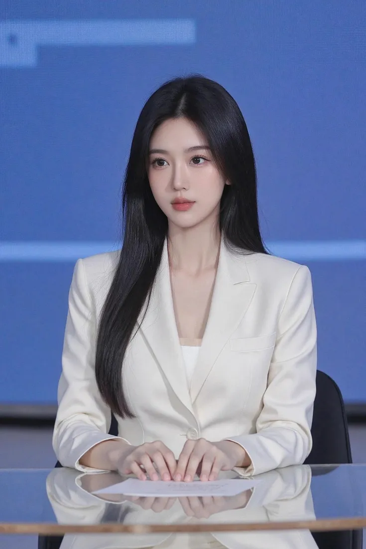 气质职场女主播手机壁纸｜蓝色干净背景图片 - 职业穿搭「哲风壁纸」