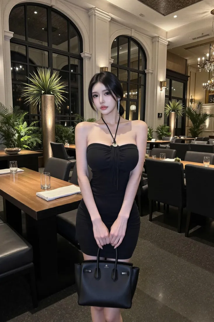 黑色抹胸裙美女手机壁纸｜轻奢餐厅背景图片 - 手机「哲风壁纸」